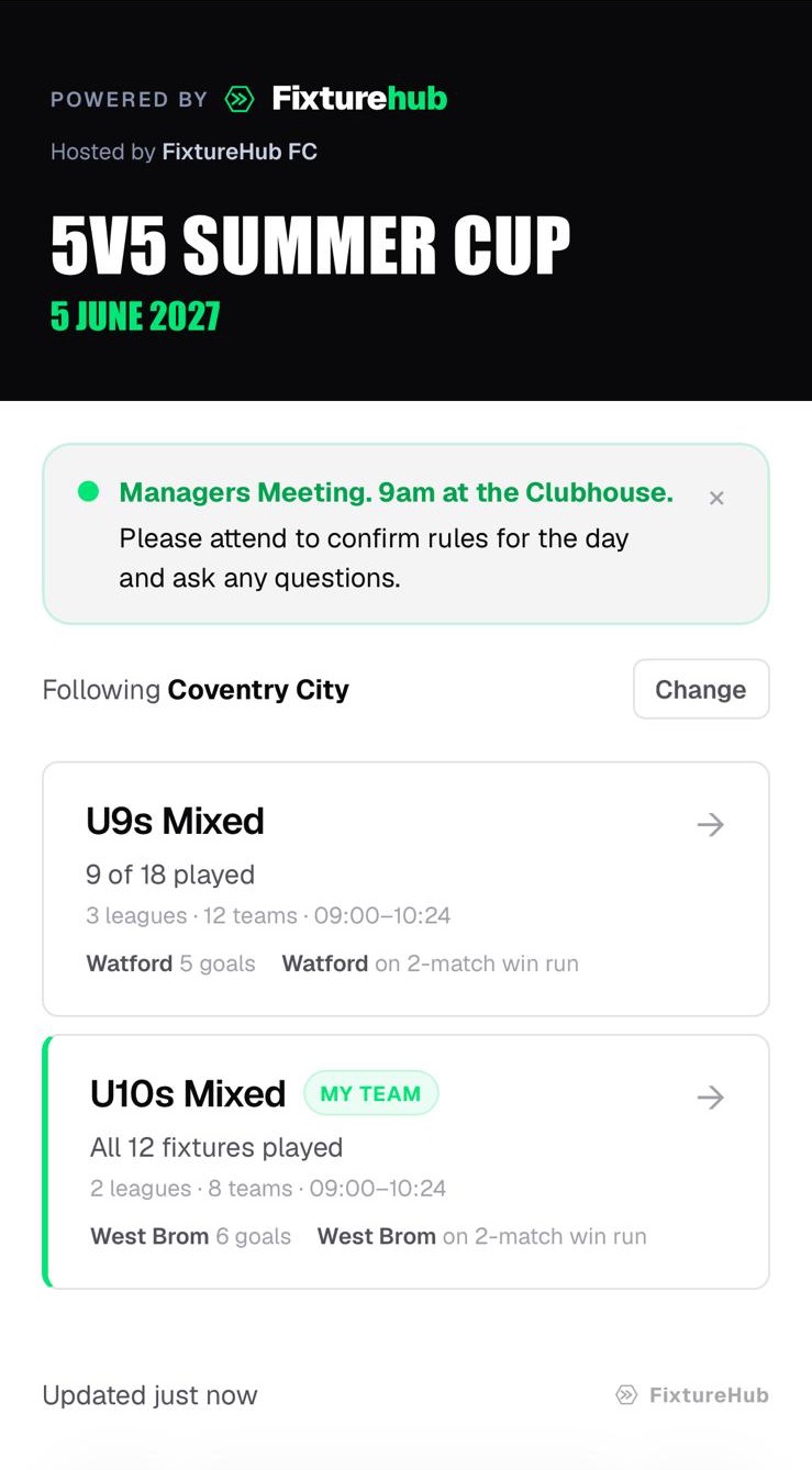 FixtureHub public hub — announcement banner