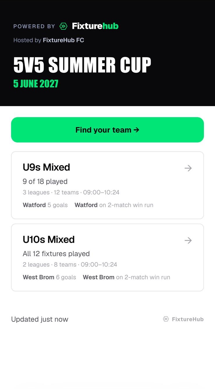 FixtureHub public hub — following a team