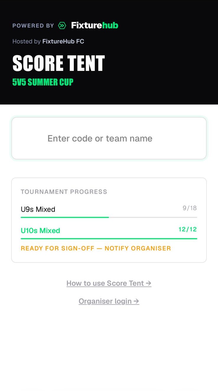 FixtureHub Score Tent